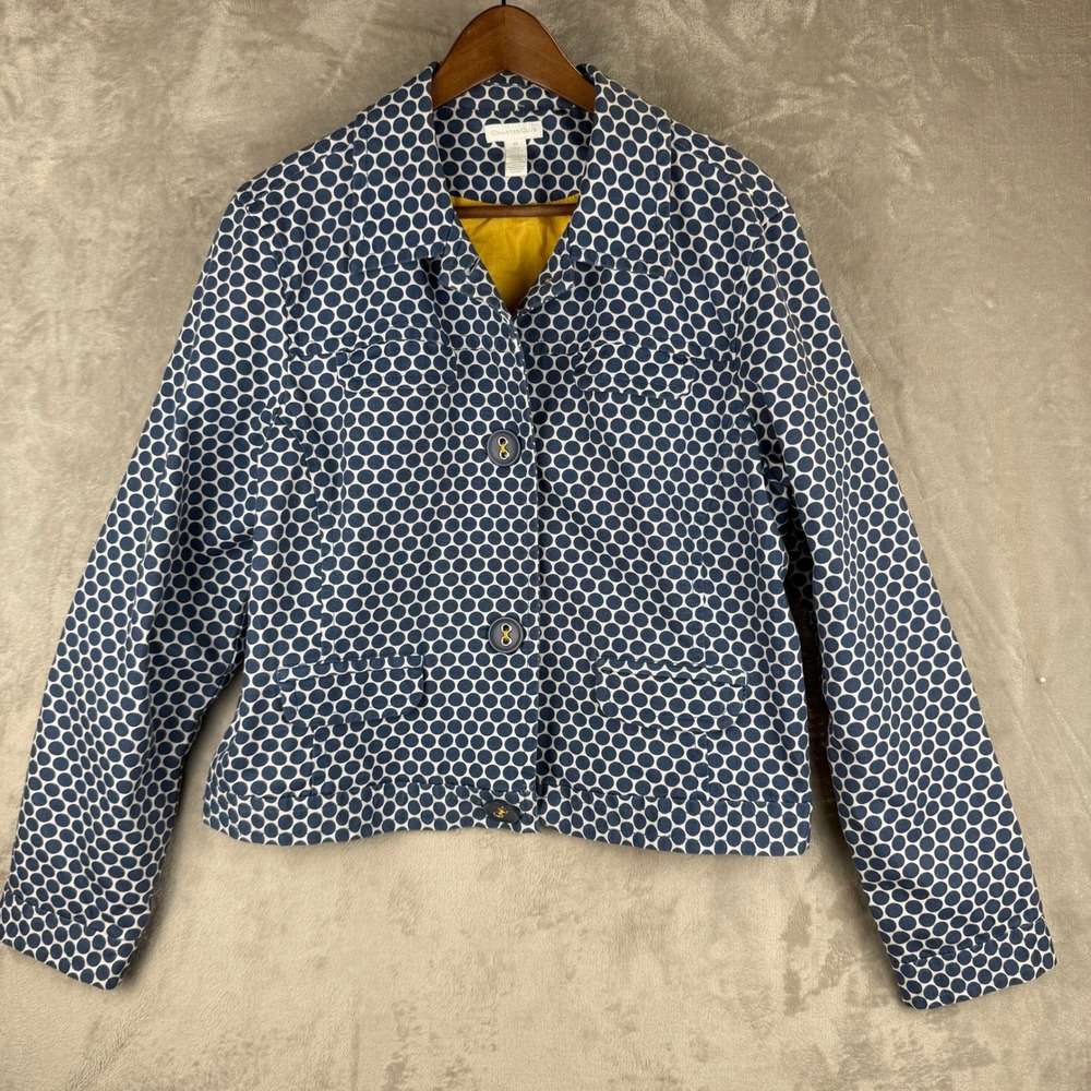 Womens Blue White Polka Dot boxy Button‎ Front Jacket Size XL cropped